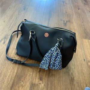 Anne Klien Black Leather Shoulder Bag with Blue Patterned Tassel